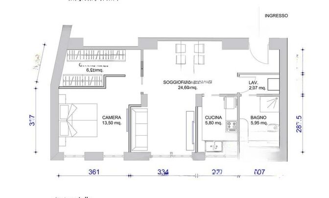 Three-room apartment in the center